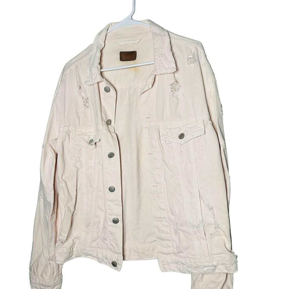 Lucky Brand light Pink Denim Distressed Button Front Collared Crop Jacket Size S